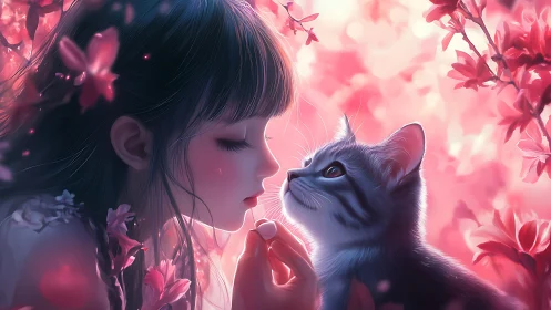 Girl and cat rendered in pink-toned digital illustration