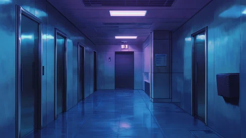 Clinical corridor rendered in cool-toned fluorescent hallway lighting