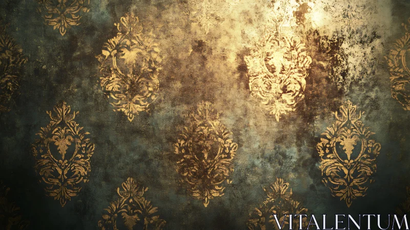 Ornate golden damask on distressed emerald backdrop.