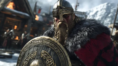 Viking warrior holds shield in snowy village battle scene