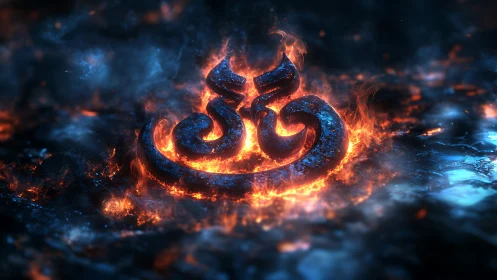 Molten Om symbol burns within luminous blue molten ground