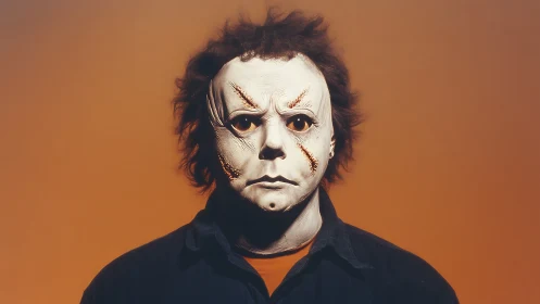 Mask with scarred details stares forward in eerie silence.