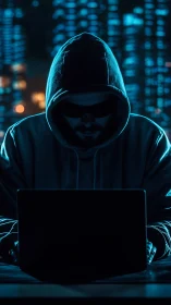 Hooded computer user operates laptop in low blue lighting
