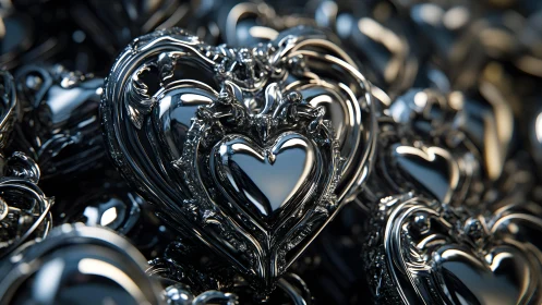 Ornate metallic heart sculptures in elegant baroque style.