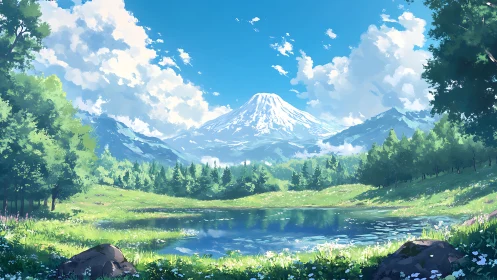 Sunlit alpine lake rests beneath a distant snow-capped peak