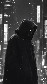 Hooded figure stands in snowy nocturnal city environment