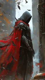 Hooded gothic sentinel with red dynamic cloak and ravens.