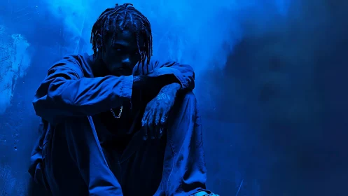 Moody blue portrait of seated man in dark urban corner.