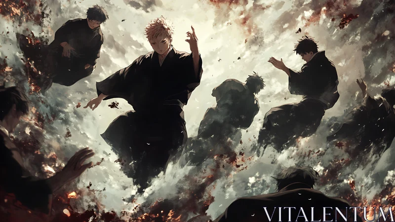 Sorcerers descend through burning clouds in a storm of power