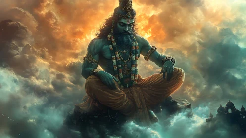 Divine blue deity meditates above stormlit celestial clouds.
