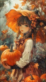 Autumn girl beneath pumpkin parasol in painterly harvest scene.