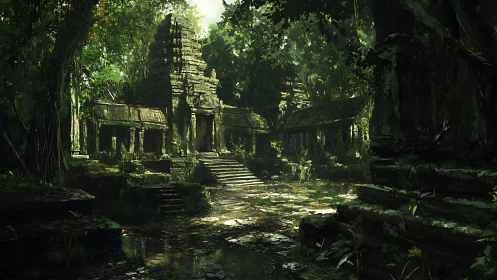 Ancient jungle temple ruins glow in filtered sunlight.