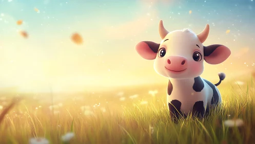 Cartoon calf standing in sunlit meadow at sunrise.