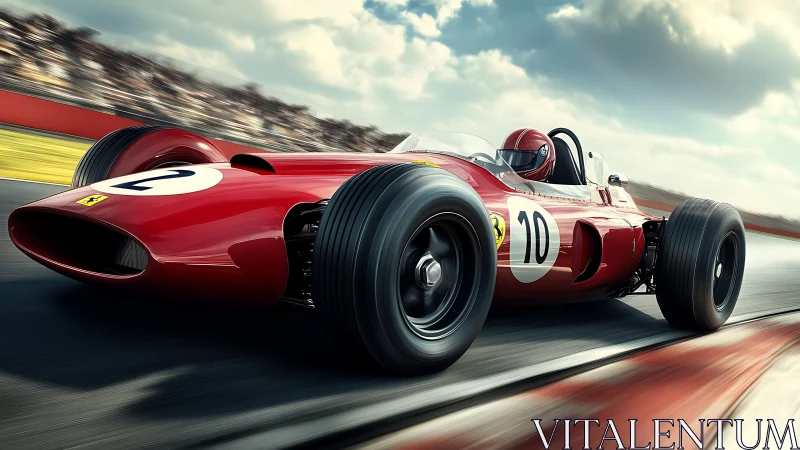 Vintage single-seat race car moves along modern circuit
