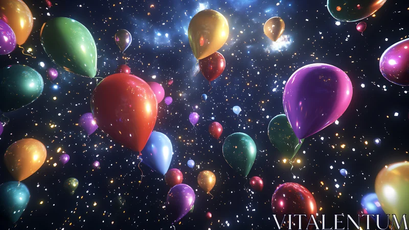 Balloons drift through starlit space like quiet cosmic confetti