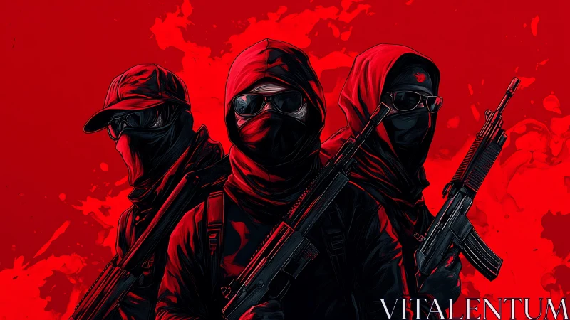 Three masked armed figures stand aligned against red backdrop