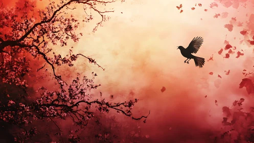 Bird silhouette crosses crimson sky with falling petals