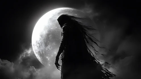 Backlit spectral figure silhouetted against high-contrast full moon