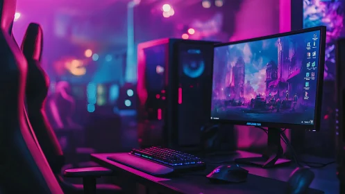 Neon-illuminated esports workstation with ultrawide monitor.