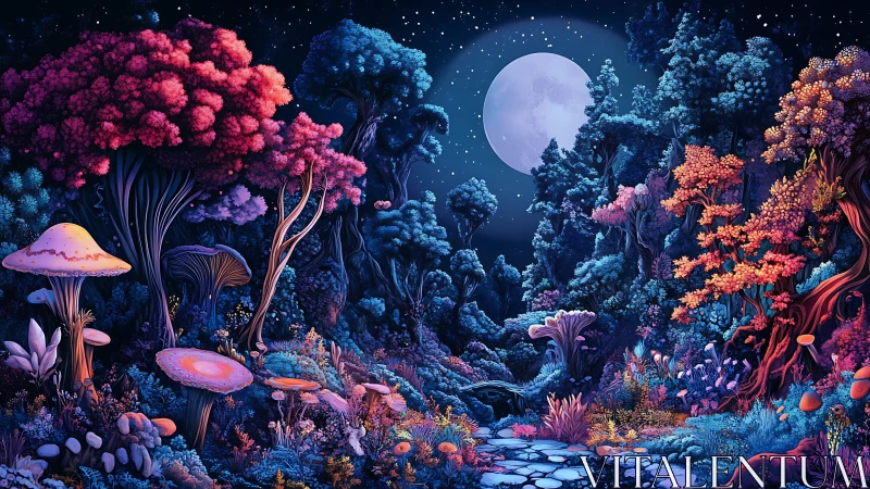 Luminous Bioluminescent Forest Under Moonlit Sky.
