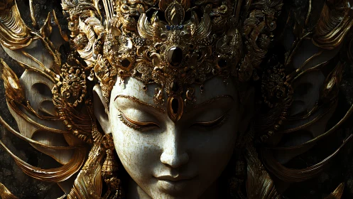 Gilded ornamental deity mask with intricate layered headdress.