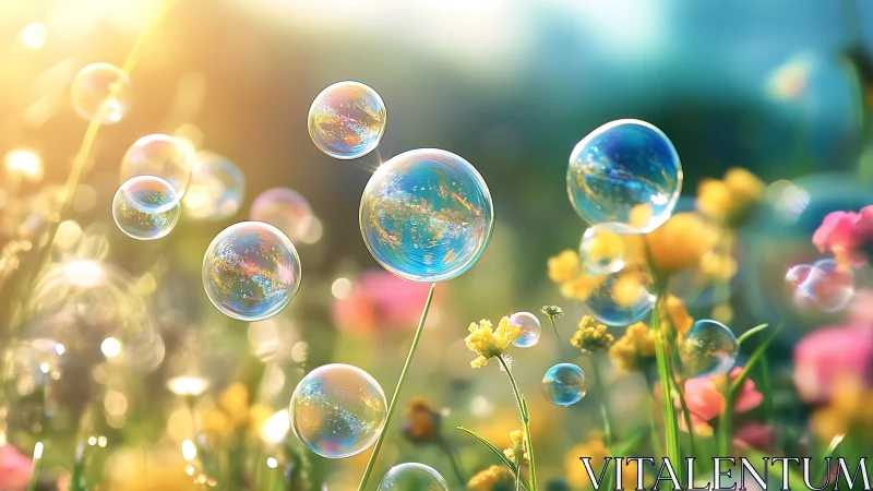 Iridescent Bubbles Float Among Blooming Wildflowers.