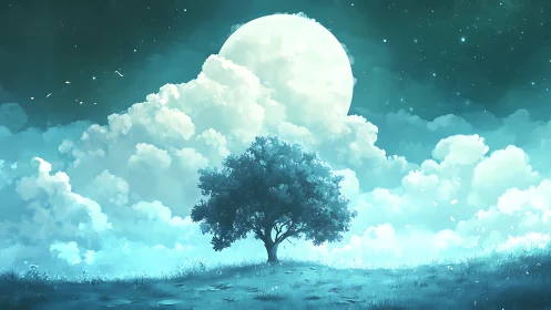 Solitary tree under full moon amid dense illuminated clouds.