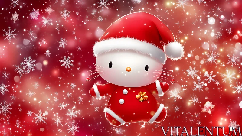 Kawaii Christmas cat character in red Santa outfit floats