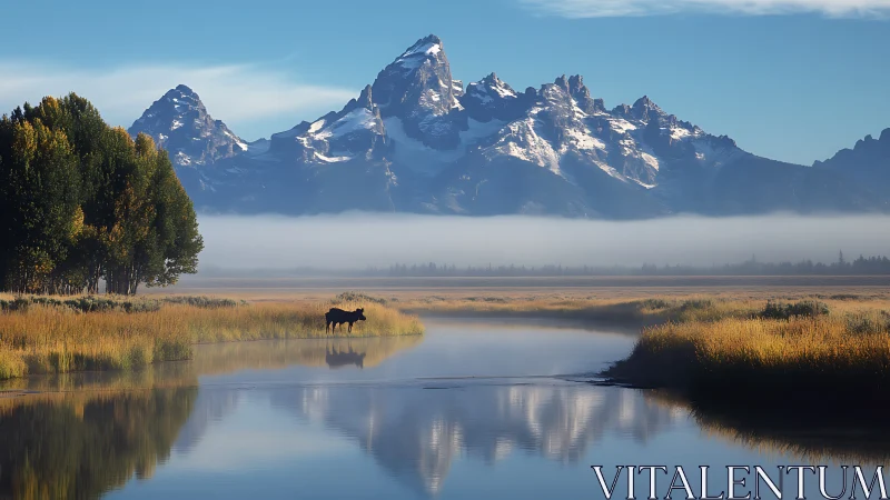 Morning moose beside misted river under rugged peaks.
