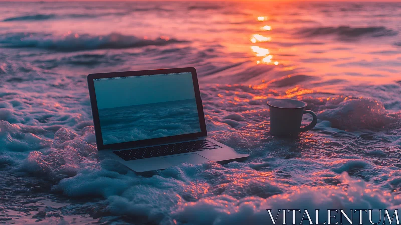 Laptop and coffee cup in foamy surf under magenta sunset glow.