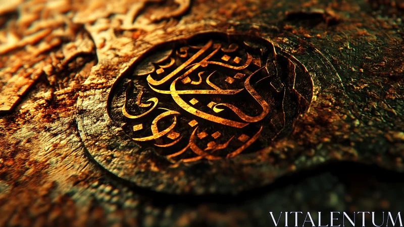 Circular Arabic calligraphy glows inside corroded metal surface