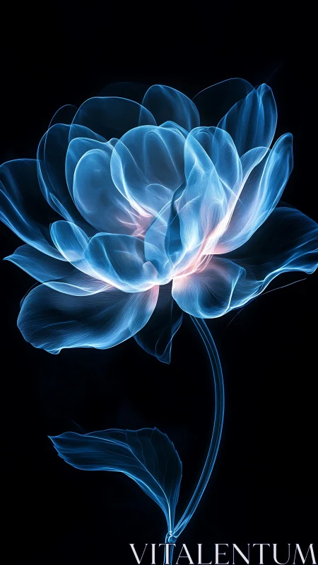 Luminous blue digital flower glows on a deep black void.