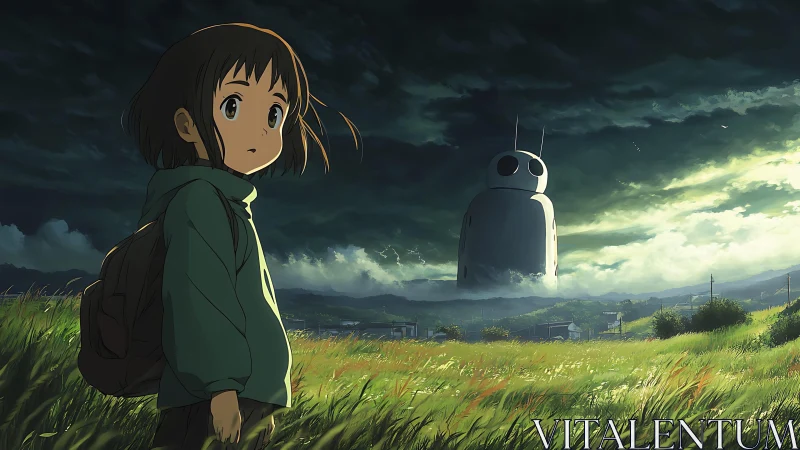 Solitary child in stormlit field facing colossal robot sentinel.