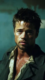 Moody portrait of rugged man in worn jacket, harsh light.