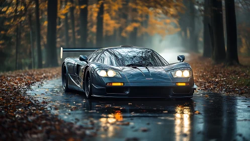 Low sports car is positioned on wet forest road at dusk