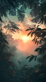 Tropical Rainforest Sunset Through Canopy Silhouettes.