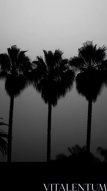 Tall palm tree silhouettes rise into flat gray evening sky