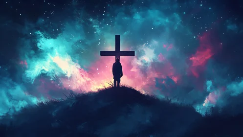 Silhouette stands by glowing cross beneath cosmic night sky