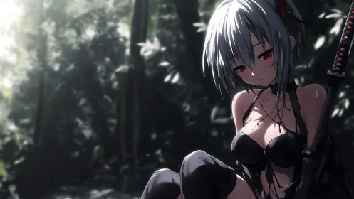 Melancholic silver-haired anime warrior resting in shadowed forest