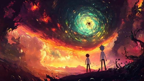 Cosmic vortex sky over two voyagers on a burning horizon.