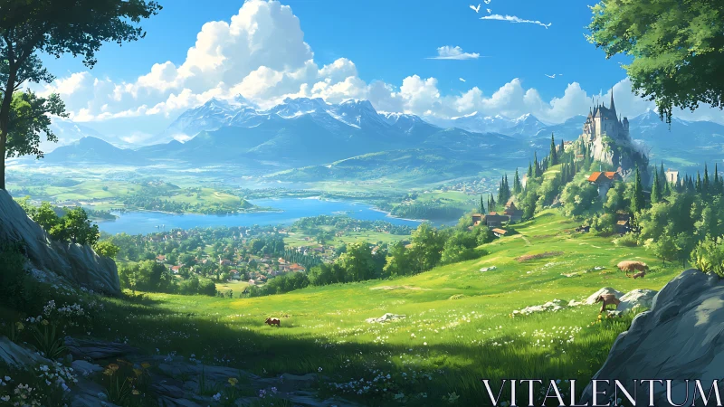 Bright fantasy valley with lakeside town and hilltop castle.