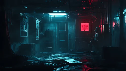 Cyberpunk maintenance corridor with lone sentry android lighting.