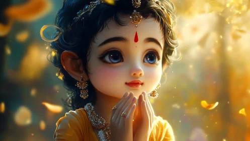Child with large eyes prays in ornate golden environment