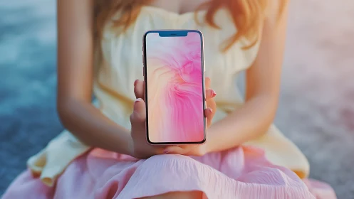 Woman holding smartphone with pink abstract display wallpaper