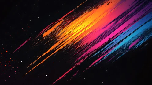 Diagonal neon paint streaks traverse dark field with high contrast