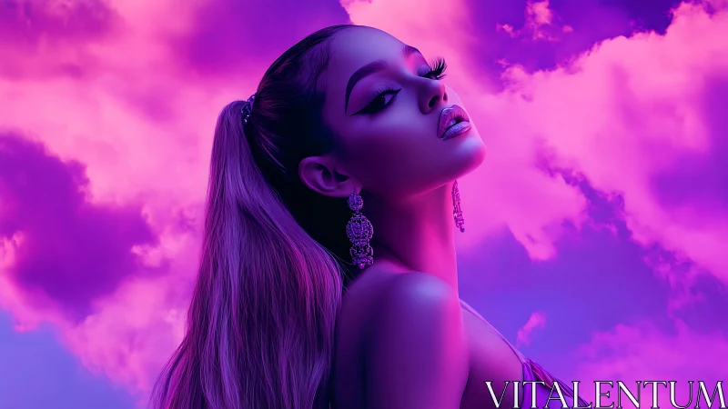 Dreamy neon portrait glows softly against pink clouds