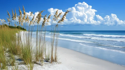 Soft waves and tall dune grass welcome quiet seaside wanderers