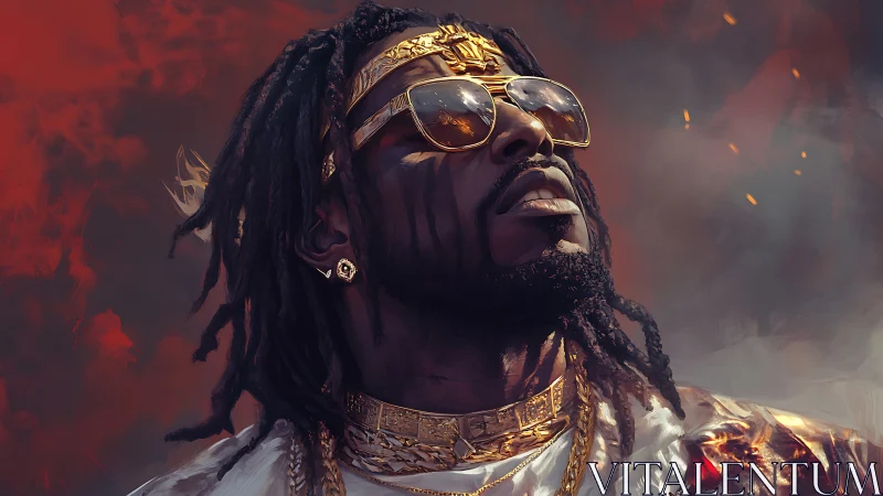 Regal warrior gazing skyward amid burning crimson haze.