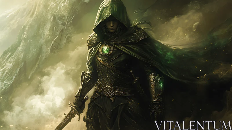 Hooded emerald ranger stands in stormlit fantasy ruins.