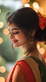Smiling Indian bride in profile under warm festival lights